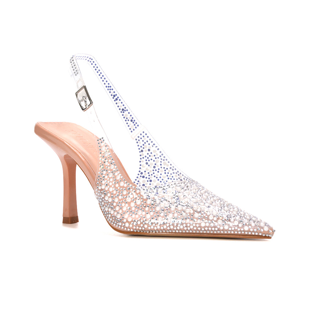 nude slingback heels, nude strap heels, slingback heels, strap heels, Bridesmaid heels with rhinestones