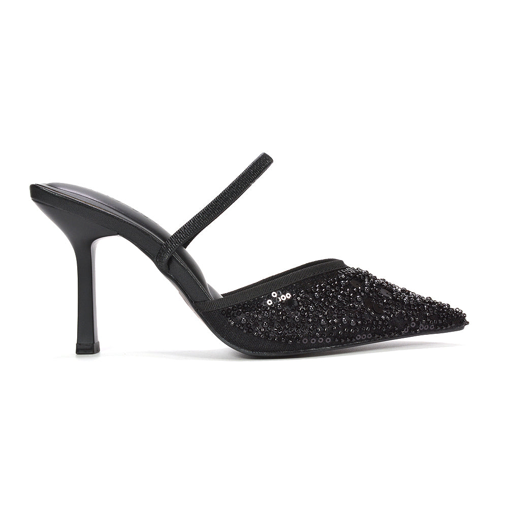 black slingback stiletto heels, women’s black rhinestone embellished slingback stilettos, black wedding guest heels