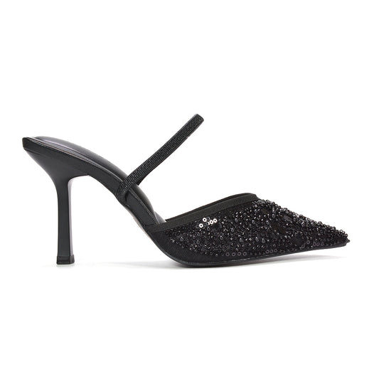 black slingback stiletto heels, women’s black rhinestone embellished slingback stilettos, black wedding guest heels