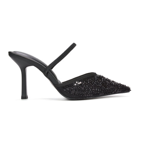 black slingback stiletto heels, women’s black rhinestone embellished slingback stilettos, black wedding guest heels