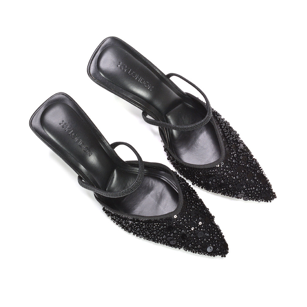 black date night heels, black slingback party shoes with glitter finish, sparkly black slingback pumps for prom and events, women’s black sparkly pumps, black diamante court shoes