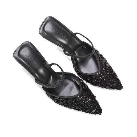 black date night heels, black slingback party shoes with glitter finish, sparkly black slingback pumps for prom and events, women’s black sparkly pumps, black diamante court shoes