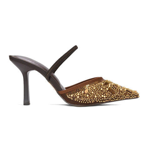 brown slingback heels, women’s brown rhinestone slingback stilettos, brown wedding guest heels