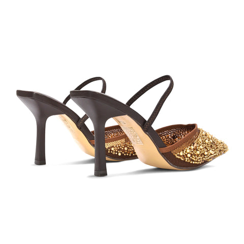 bronze cocktail party heels, brown court shoes with sparkling accents, brown evening heels