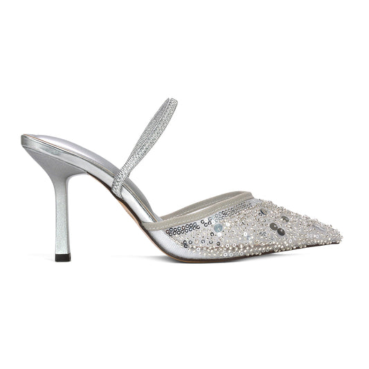 silver slingback heels, women’s silver rhinestone slingback stilettos, silver wedding guest heels