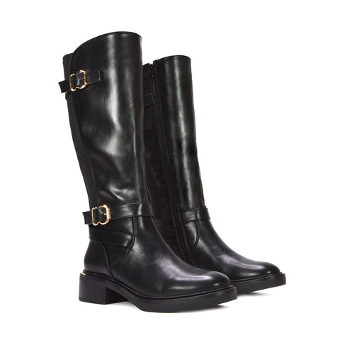 black knee high biker boots, chunky knee high boots, black long boots, tall black boots, flat heel boots for women, comfortable knee high boots for women