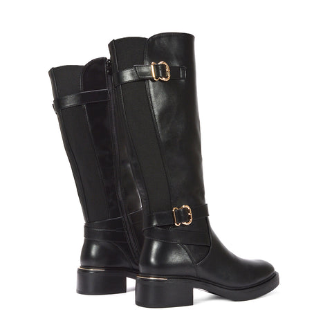 women's black knee high biker boots, women's black knee high boots, leather look boots, flat heel boots for women, comfortable knee high boots for women