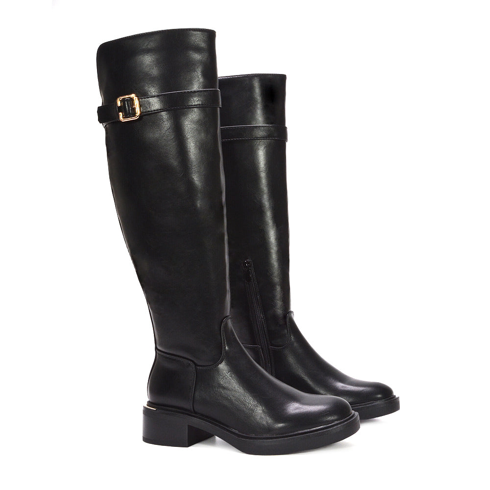 Knee-high leather boots, black chunky boots, black biker boots, Trendy fall boots, Comfortable knee-high boots for daily wear