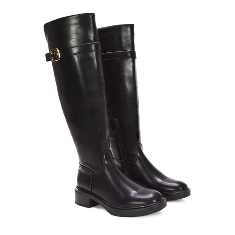 black knee high biker boots, autumn boots, faux leather boots, womens boots, Chic black boots for fall and winter outfits, Elegant black boots