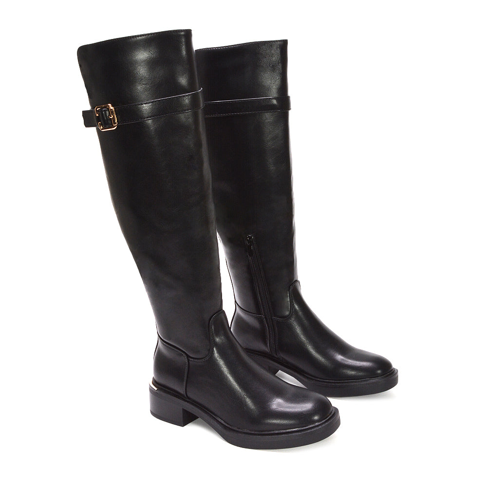 black long boots, winter boots, womens biker boots, Women's black PU leather knee-high boots, Affordable tall black boots for women