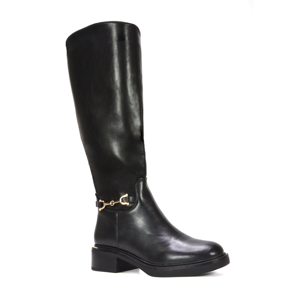 elegant tall black boots with gold buckle, chic boots for fall and winter fashion, affordable women’s riding boots with gold hardware, synthetic leather black tall boots