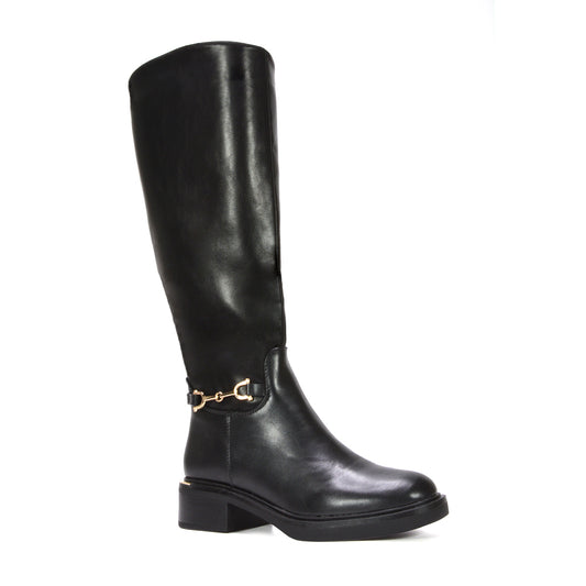 elegant tall black boots with gold buckle, chic boots for fall and winter fashion, affordable women’s riding boots with gold hardware, synthetic leather black tall boots
