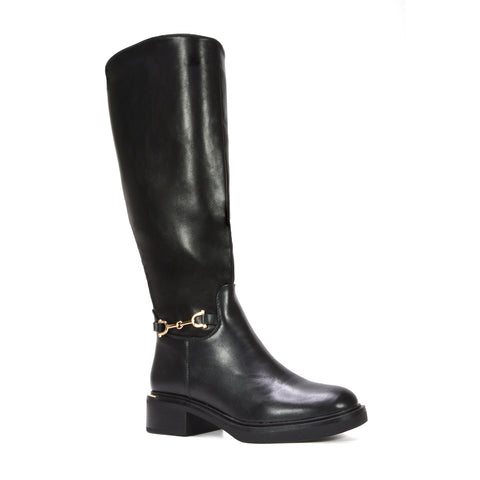 elegant tall black boots with gold buckle, chic boots for fall and winter fashion, affordable women’s riding boots with gold hardware, synthetic leather black tall boots
