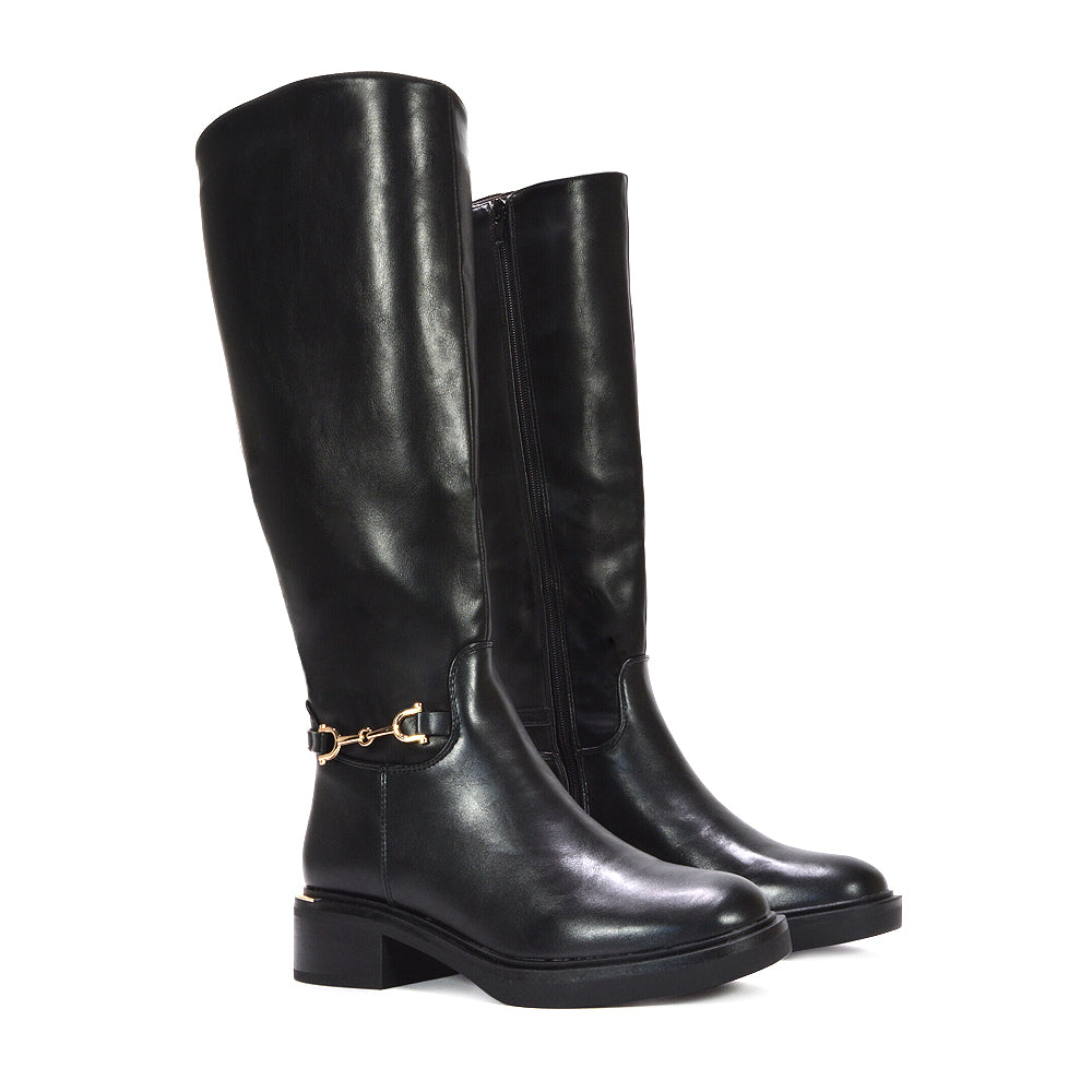 faux leather equestrian boots women’s fashion, dressy black boots for evening outings, trendy faux leather tall boots for fall outfits, women’s boots with metal horsebit detail