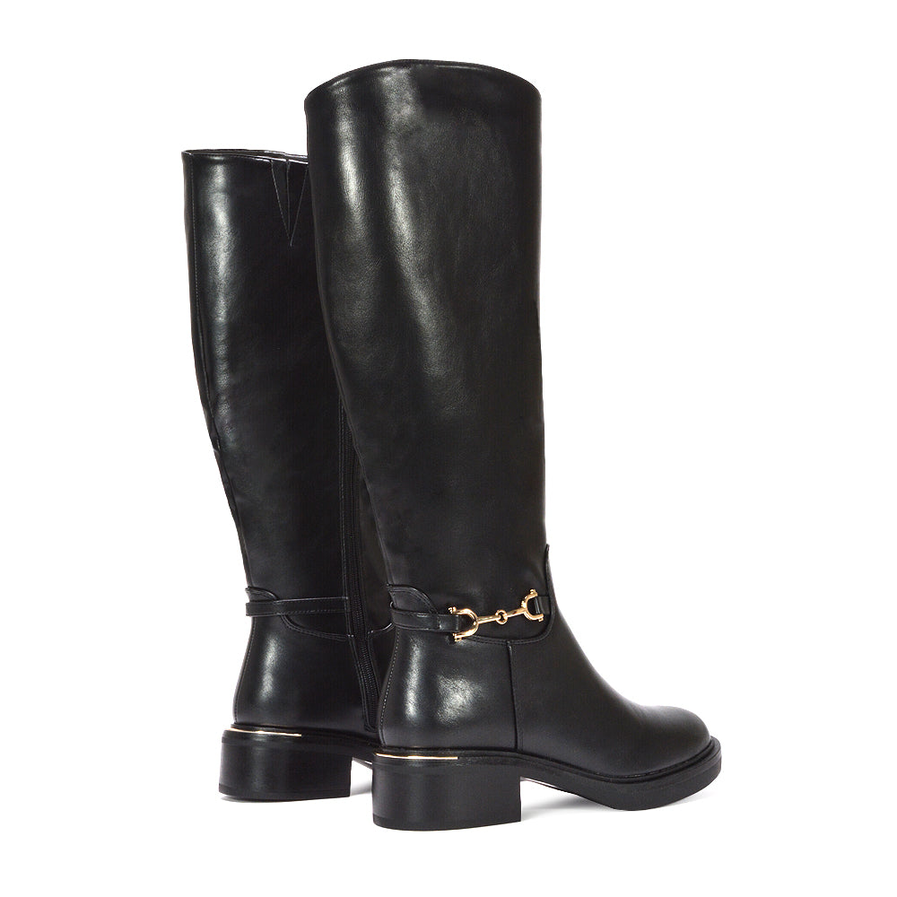 women’s black PU leather tall boots, comfortable riding boots for travel and city walks, durable and comfortable knee-high PU boots, black boots with side zipper closure