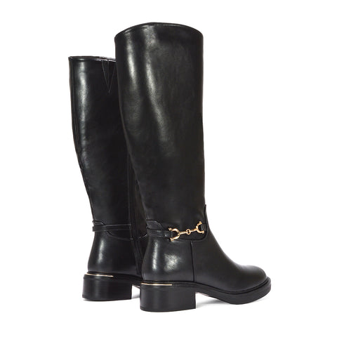 women’s black PU leather tall boots, comfortable riding boots for travel and city walks, durable and comfortable knee-high PU boots, black boots with side zipper closure
