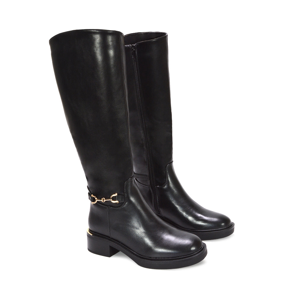 black boots with low block heel and gold detail, fall fashion knee-high boots for women, how to style black knee-high riding boots, soft lining winter boots for women