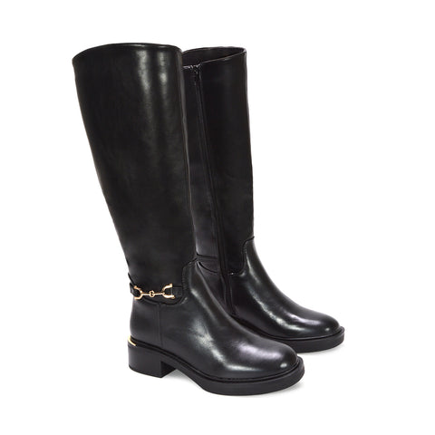 black boots with low block heel and gold detail, fall fashion knee-high boots for women, how to style black knee-high riding boots, soft lining winter boots for women