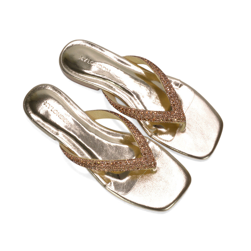 square toe thong sandals, ladies slip on diamante sandals, stylish flat sandals for summer women, glitter sandals women, gold flip flops