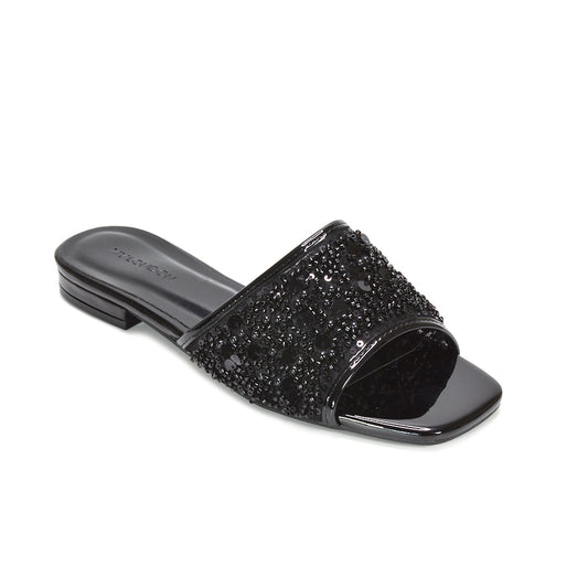 black embellished sandals, black bridesmaid flat sandals, black slip on diamante embellished sandals, black diamante sandals