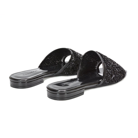black strappy sandals, black holiday sandals, women’s black dressy flat sandals with embellishment, black slip on sandals