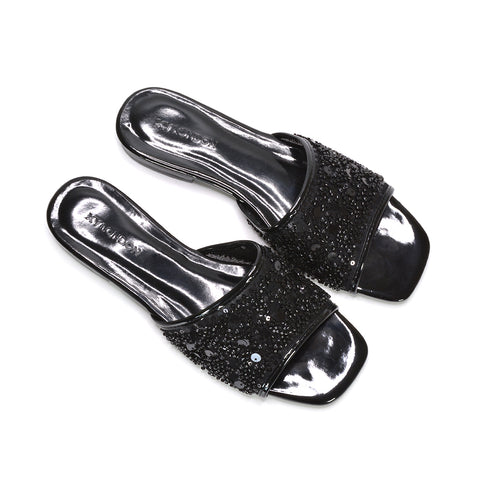 statement black sparkly sandals, black prom flat sandals, black resort wear sandals, comfortable black slip on sandals for holidays, black open toe sandals, black glitter sandals women