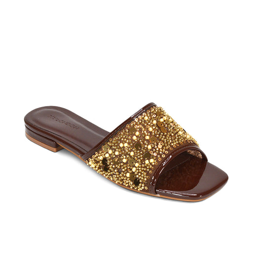 brown bridesmaid sandals, brown slip on diamante embellished sandals, brown diamante sandals