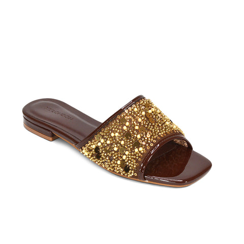 brown bridesmaid sandals, brown slip on diamante embellished sandals, brown diamante sandals