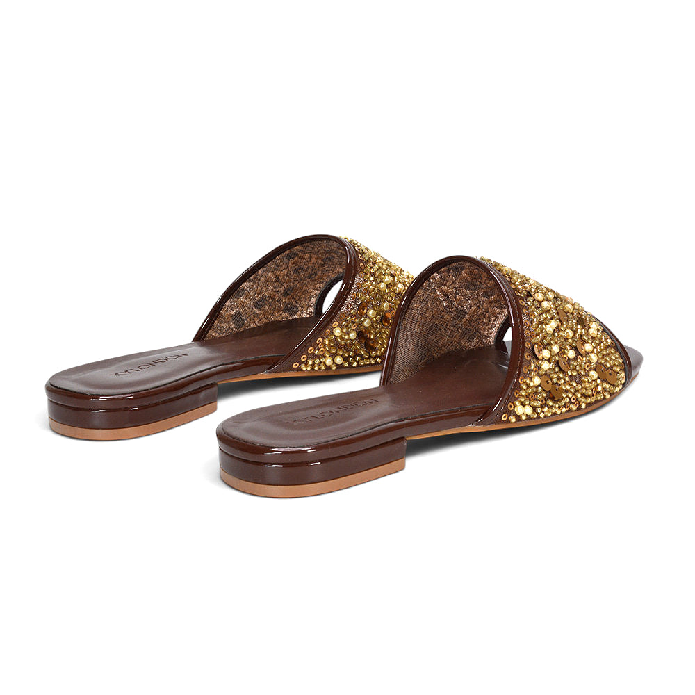 brown holiday sandals, women’s brown dressy flat sandals with embellishment, brown slip on sandals