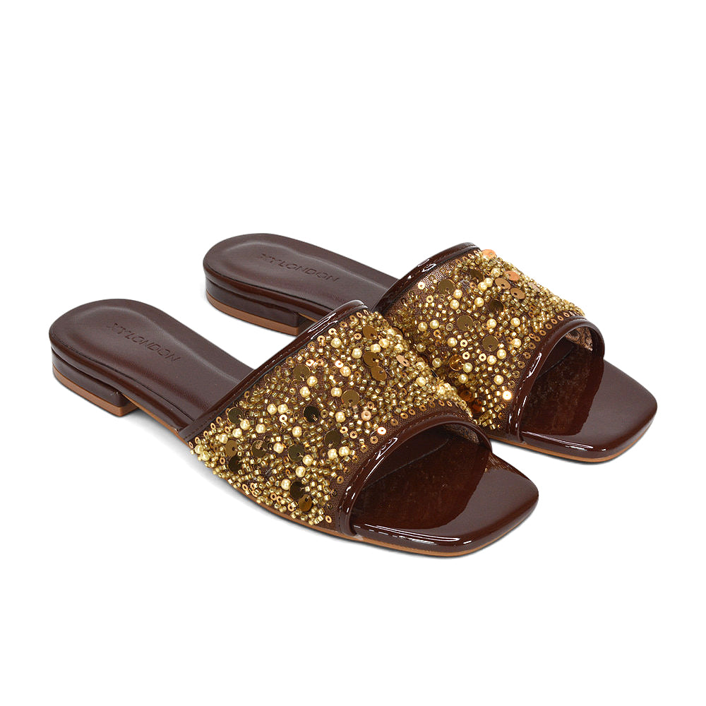 brown embellished sandals, brown sparkly sandals, brown strappy sandals with sequins and diamantes, brown vacation sandals women