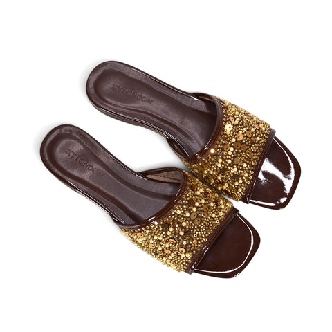 brown festival sandals, brown date night sandals, brown embellished sandals for summer outfits, brown evening sandals, brown glitter sandals women