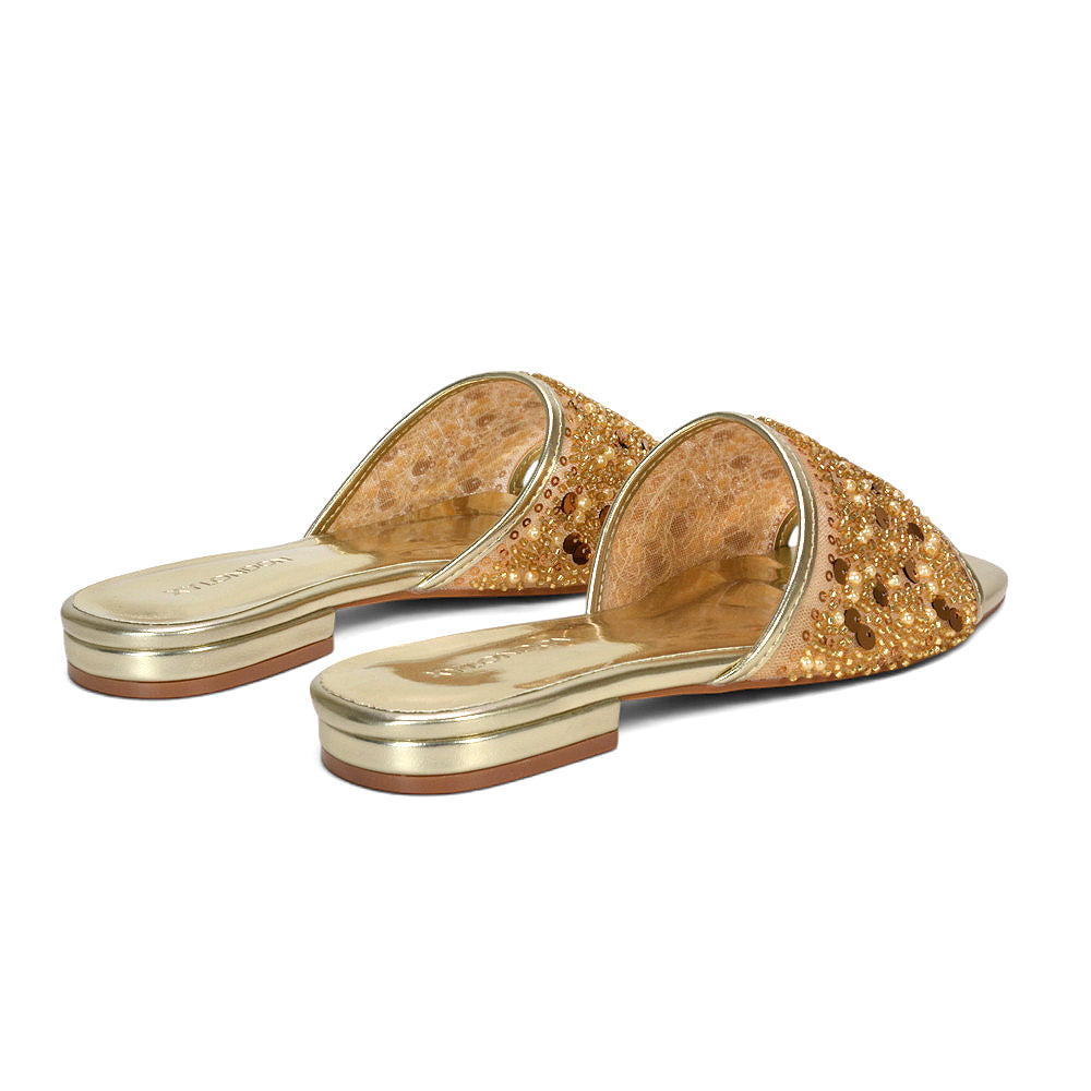gold slip on sandals, women’s gold dressy flat sandals with embellishment, gold holiday sandals, metallic gold strappy sandals
