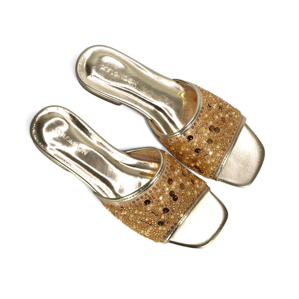 gold sparkly sandals, comfortable gold slip on sandals for holidays, gold open toe diamante sandals for weddings, gold festival sandals, festive gold holiday sandals