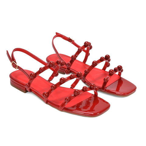 red strappy flat sandals, red summer flat sandals, strappy flat sandals, summer flats sandals, Open-toe flat sandals, Buy women’s summer sandals online
