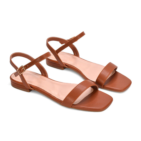 brown ankle strap sandals, brown square toe flat sandals, ankle strap sandals, square toe flat sandals
