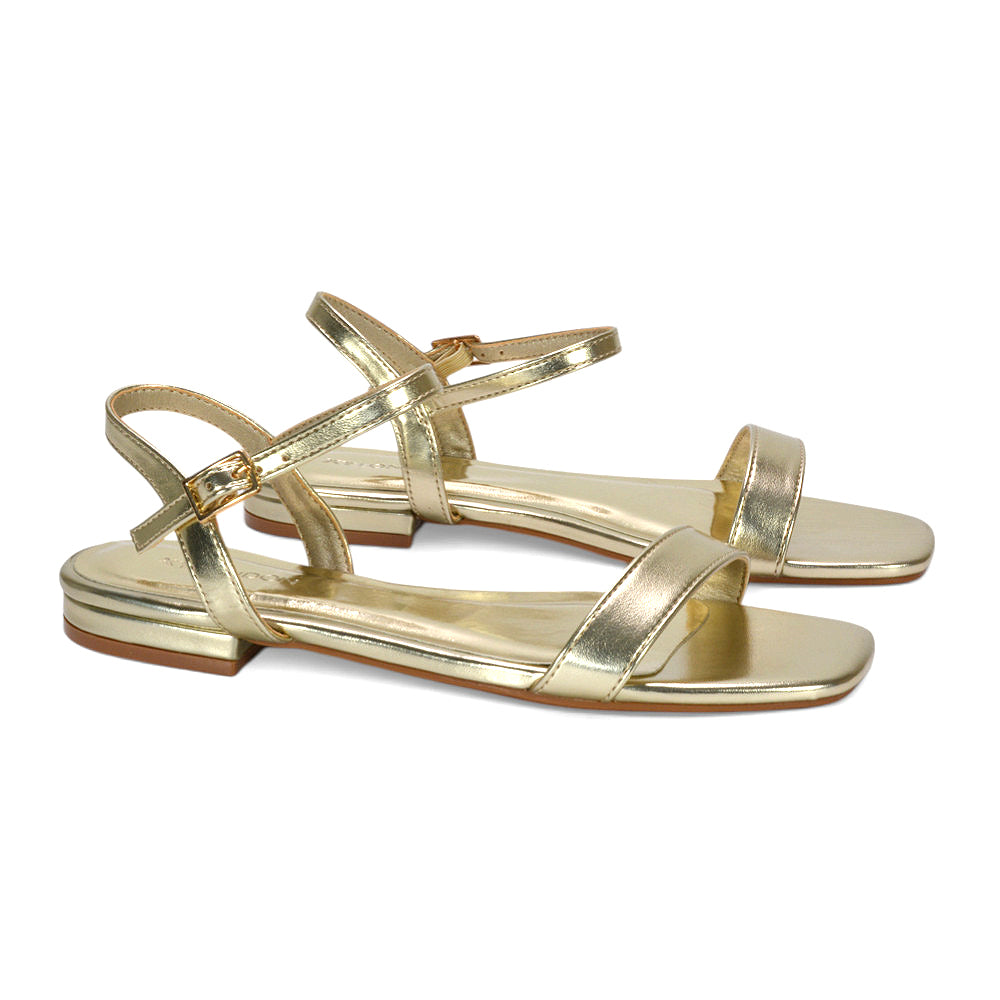 ankle strap sandals, women’s square toe sandals gold, evening flat sandals gold, gold holiday sandals