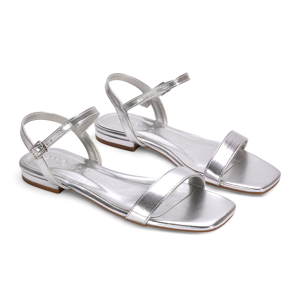 silver ankle strap sandals, silver square toe flat sandals, ankle strap sandals, square toe flat sandals