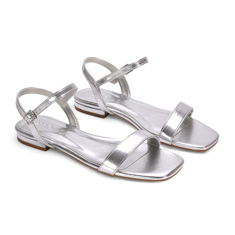 silver ankle strap sandals, silver square toe flat sandals, ankle strap sandals, square toe flat sandals