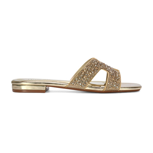 slip on flat sandals women, sparkly slide sandals women, comfortable flat diamante sandals for holiday wear, gold sliders, gold slides