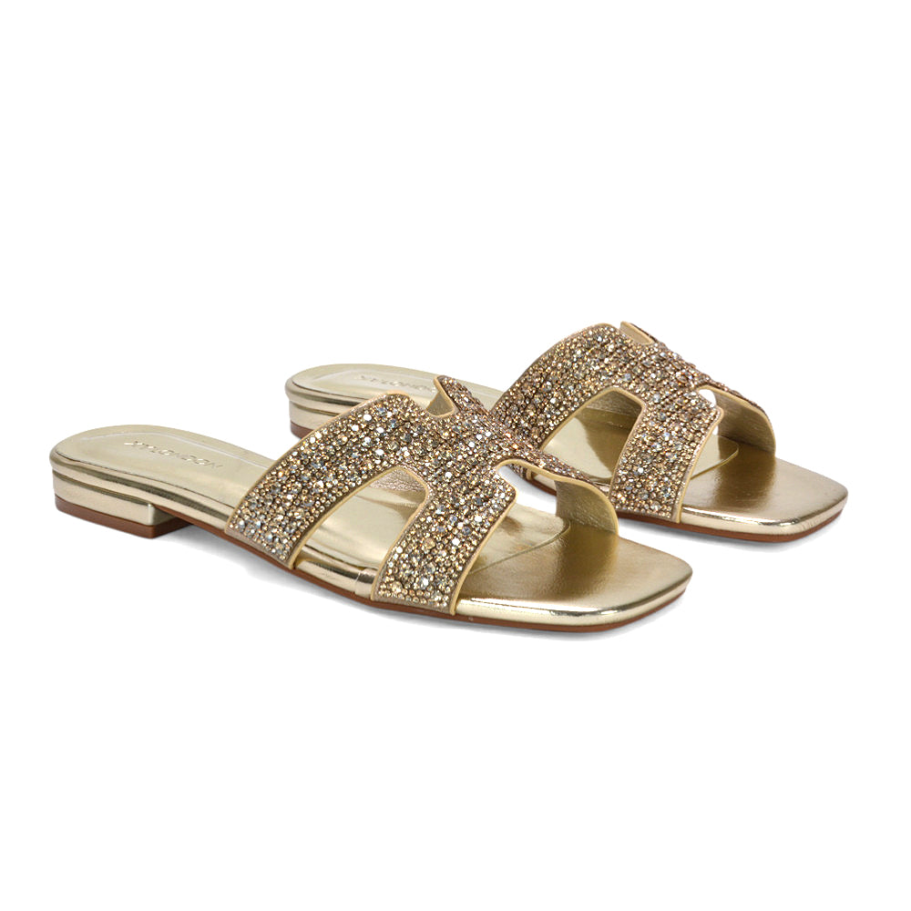 women’s diamante slider sandals, ladies flat summer sandals, women’s diamante slip on slider sandals for summer, gold sandals, gold flat sandals