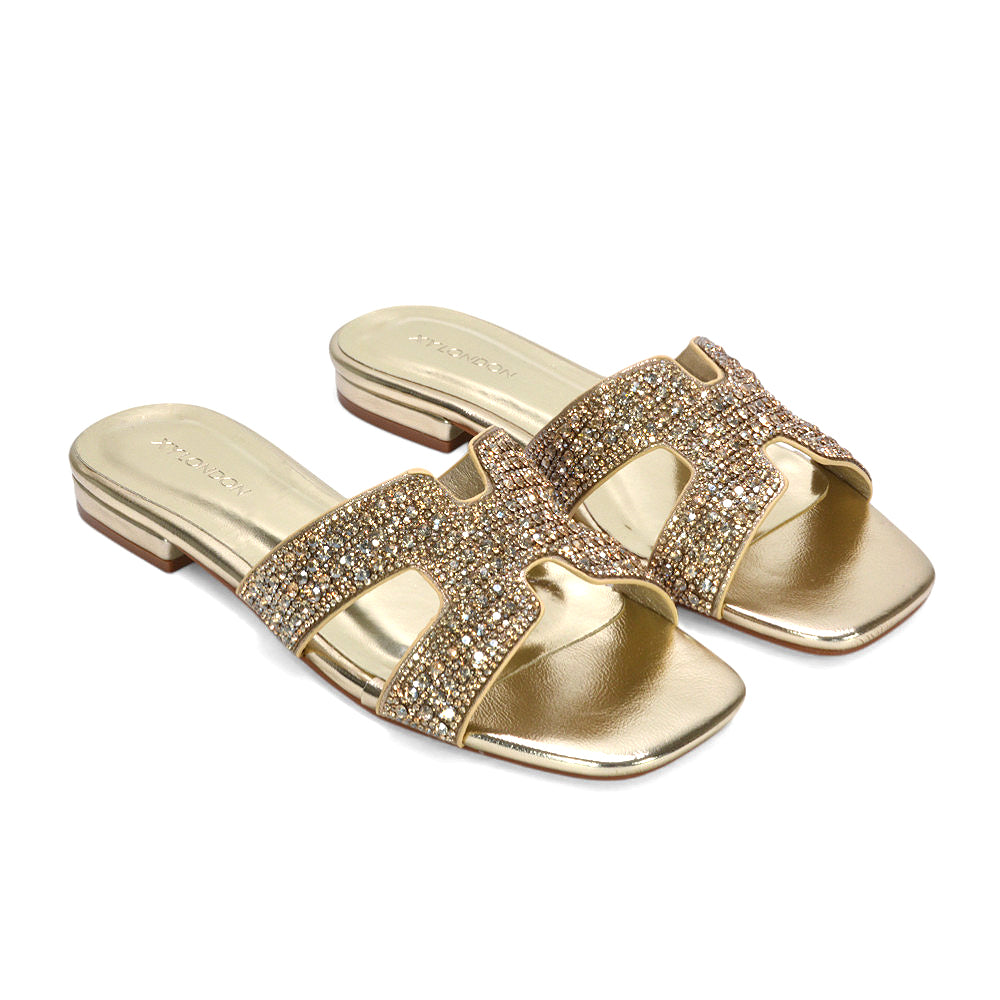 open toe slider sandals women, holiday sandals for women, stylish flat slider sandals with diamante strap, gold slip on sandals, gold diamante sandals