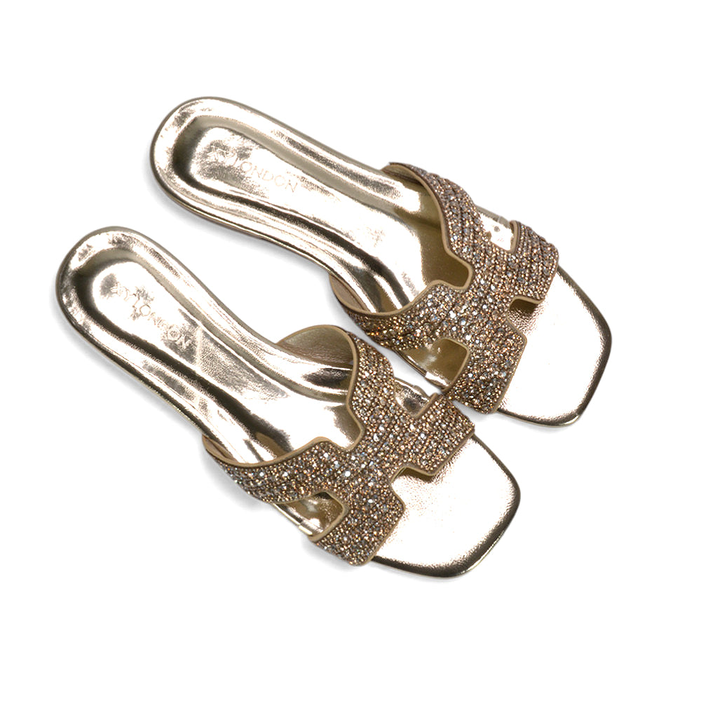 casual slip on sandals, embellished sandals women, holiday sandals, womens sandals, summer sandals, gold sparkly sandals, gold sparkly sliders