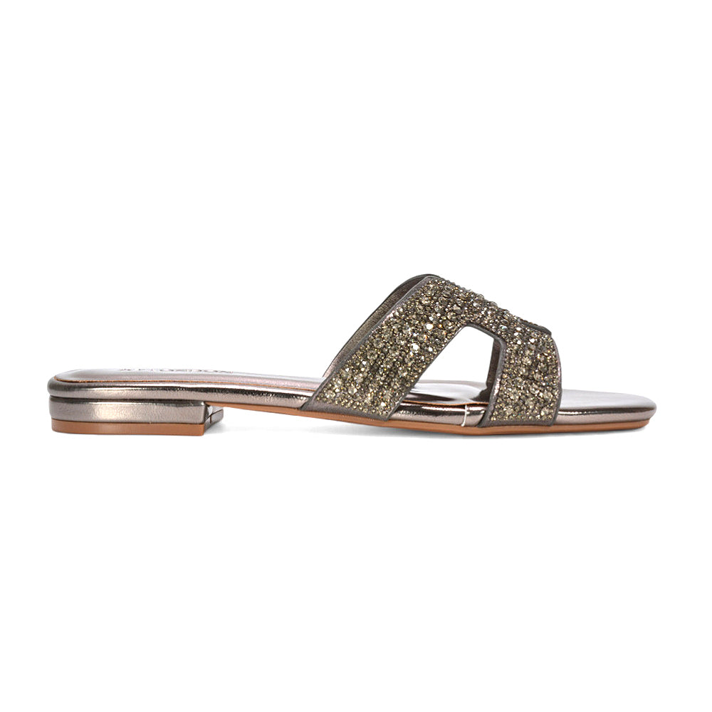 slip on flat sandals women, sparkly slide sandals women, comfortable flat diamante sandals for holiday wear, pewter sliders, pewter slides