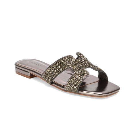diamante summer sandals, comfortable flat sliders, ladies sparkly open toe slide sandals, pewter holiday sandals, pewter summer sandals