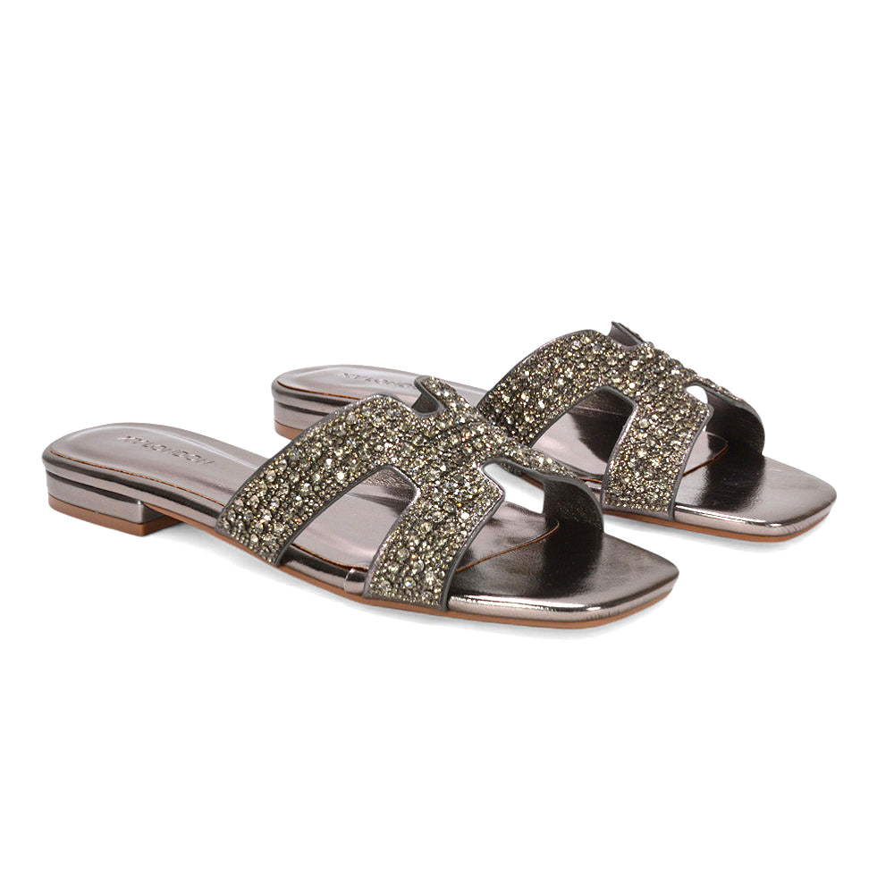 women’s diamante slider sandals, ladies flat summer sandals, women’s diamante slip on slider sandals for summer, pewter sandals, pewter flat sandals