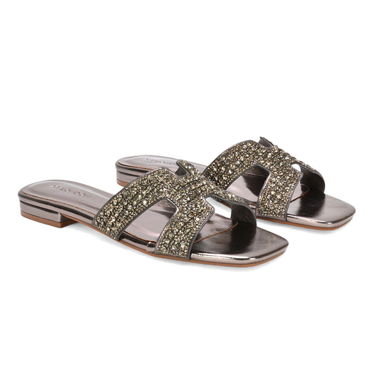 women’s diamante slider sandals, ladies flat summer sandals, women’s diamante slip on slider sandals for summer, pewter sandals, pewter flat sandals
