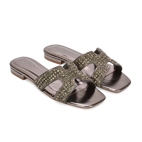 open toe slider sandals women, holiday sandals for women, stylish flat slider sandals with diamante strap, pewter slip on sandals, pewter diamante sandals