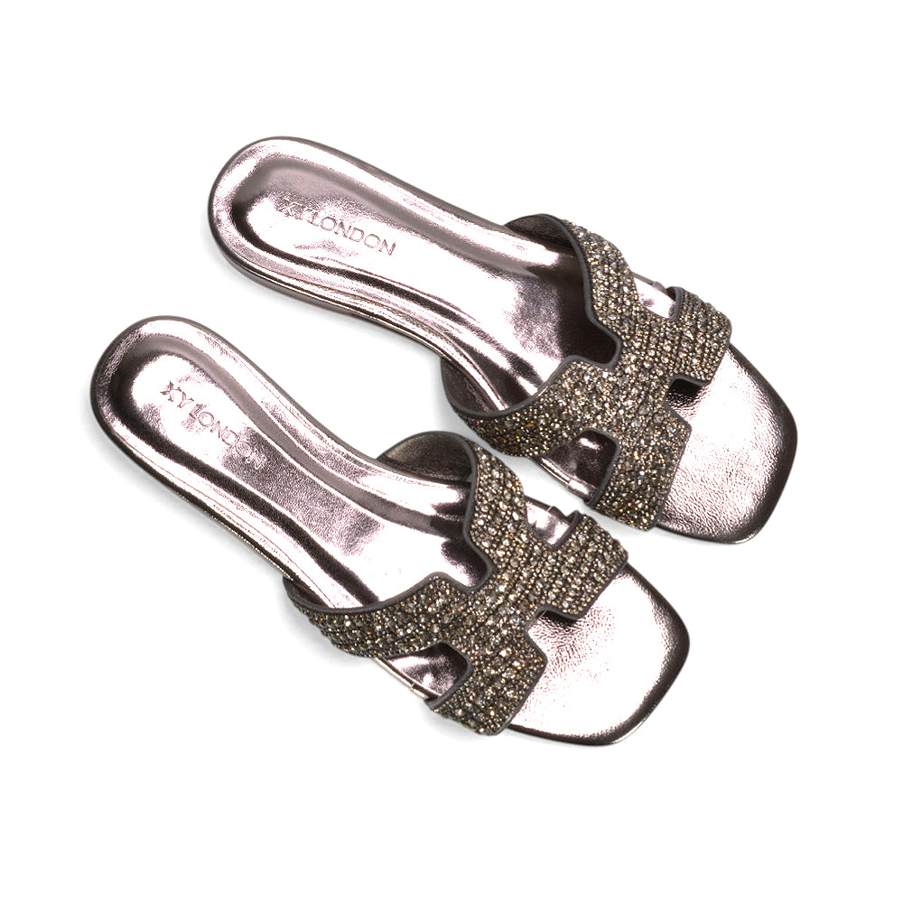 casual slip on sandals, embellished sandals women, holiday sandals, womens sandals, summer sandals, pewter sparkly sandals, pewter sparkly sliders