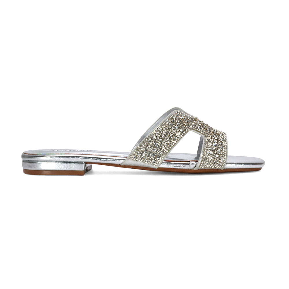 slip on flat sandals women, sparkly slide sandals women, comfortable flat diamante sandals for holiday wear, silver sliders, silver slides