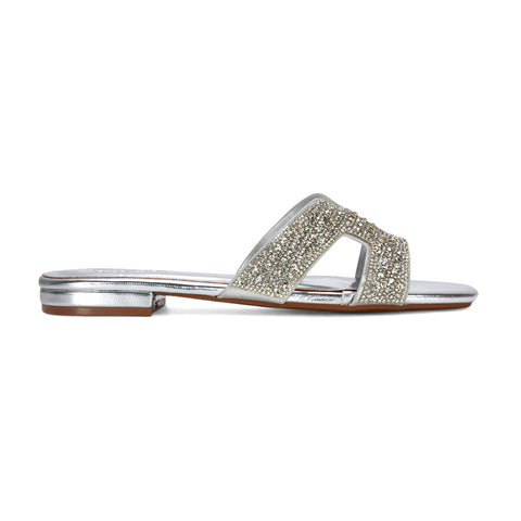 slip on flat sandals women, sparkly slide sandals women, comfortable flat diamante sandals for holiday wear, silver sliders, silver slides
